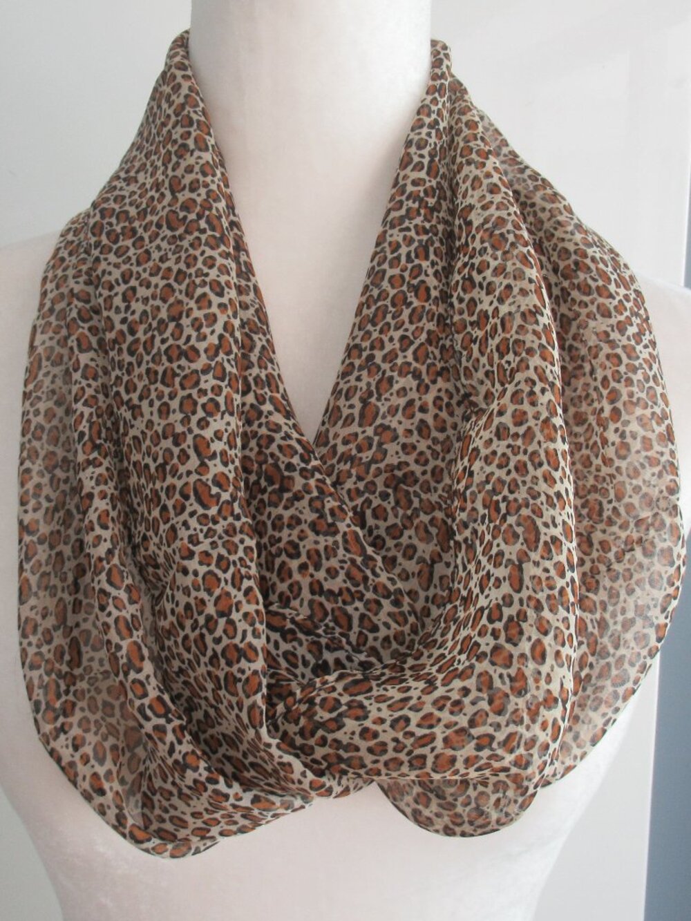 Vintage CEJON Sheer 100% Silk Animal Print Infinity Scarf 62" x 10” Brown, Black